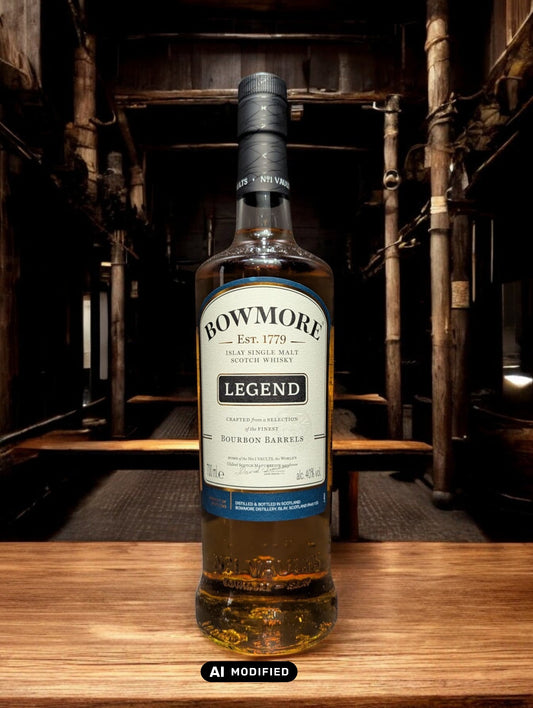 Eine Flasche Bowmore Legend Whisky in einer klassischen Destilleriehalle, umgeben von Holzbalken, Steinwänden und Whiskyfässern. Die schlichte, elegante Flasche mit ihrem charakteristischen Etikett fügt sich harmonisch in die traditionelle, maritime Atmosphäre der Bowmore-Destillerie ein.