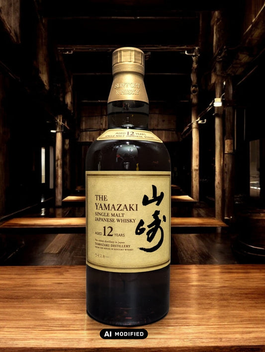 Detailaufnahme der Suntory Yamazaki Whiskyflasche, umgeben von Eichenfässern im Lagerhaus. Das warme Licht unterstreicht die goldbraune Farbe des edlen Single Malt Whiskys. Der Name Yamazaki prangt stolz auf dem Etikett, was auf die traditionsreiche Whiskybrennerei in Japan hinweist. Die Szene vermittelt eine Atmosphäre von Qualität und Handwerkskunst, die in der Herstellung dieses renommierten Getränks steckt.