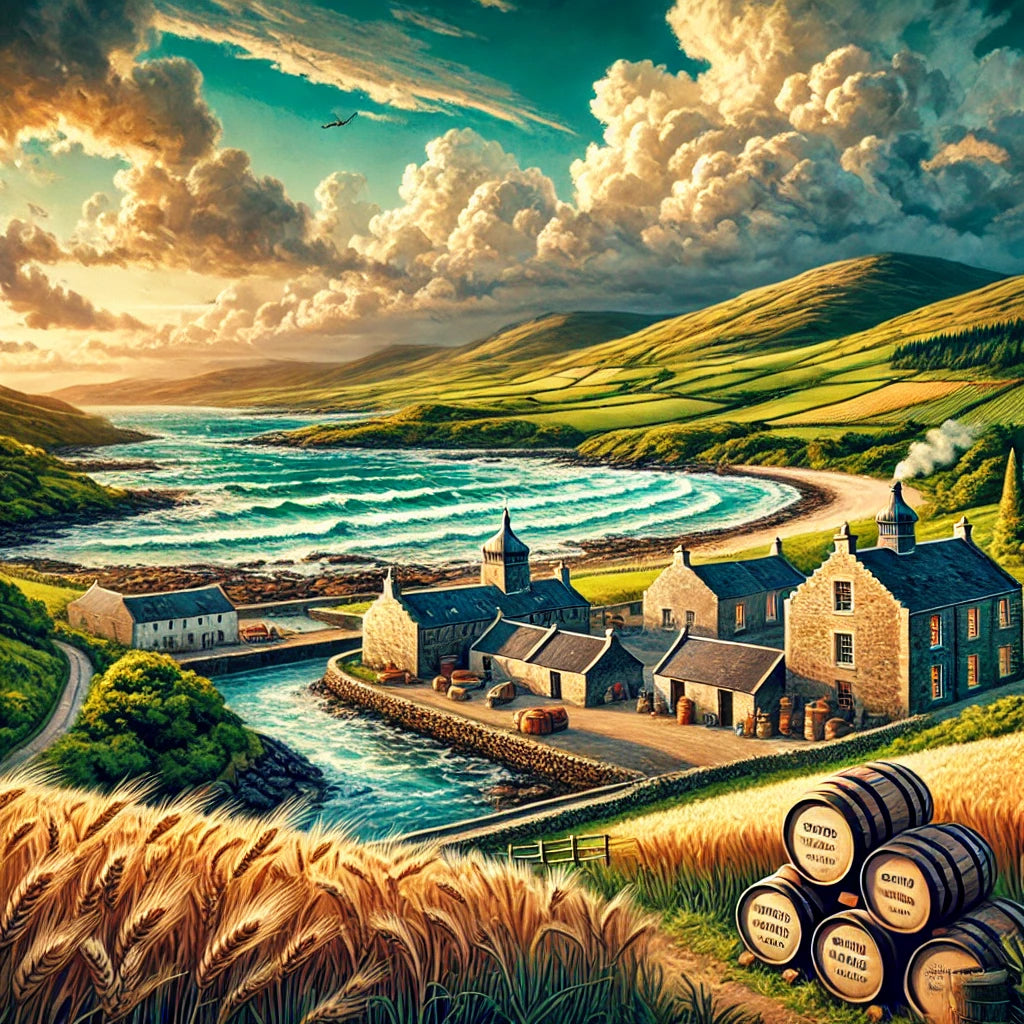 Blick auf die raue Küstenlandschaft der schottischen Insel Islay mit ihren berühmten Whisky-Destillerien im Hintergrund, umgeben von der wilden Natur und dem charakteristischen Meer, das für die Produktion des torfigen Islay-Whiskys bekannt ist.