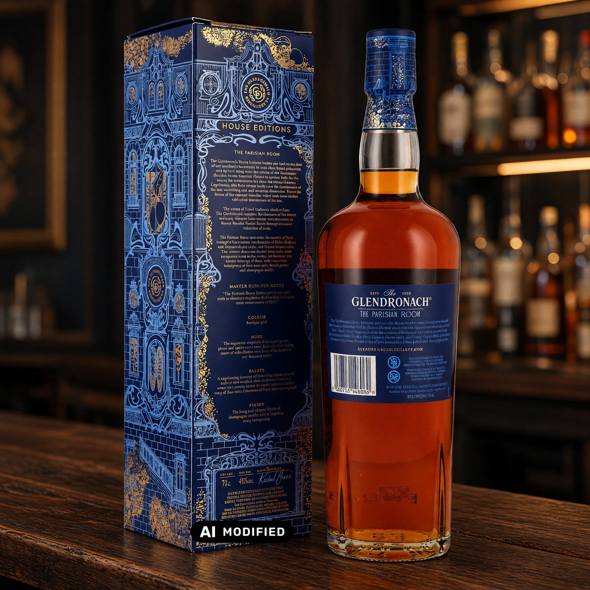 Whiskyquartier GlenDronach House Editions Parisian Room Whiskyflasche mit kunstvoll illustrierter Geschenkverpackung