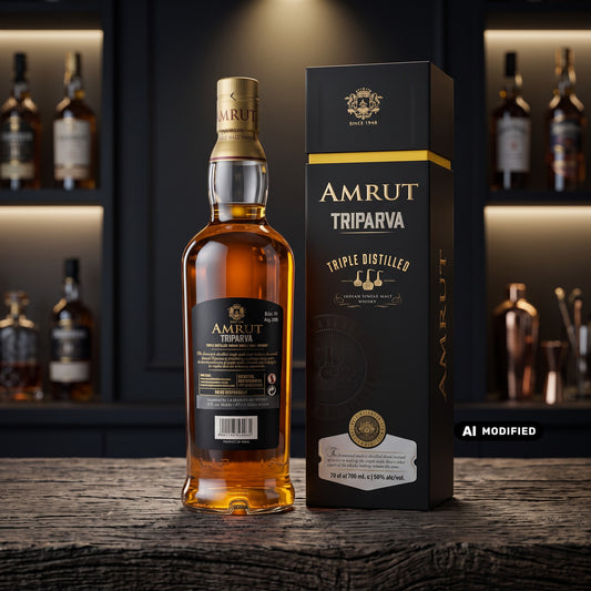 Whiskyquartier Amrut Triparva Triple Distilled Indian Single Malt Whisky mit Geschenkverpackung auf Holztisch