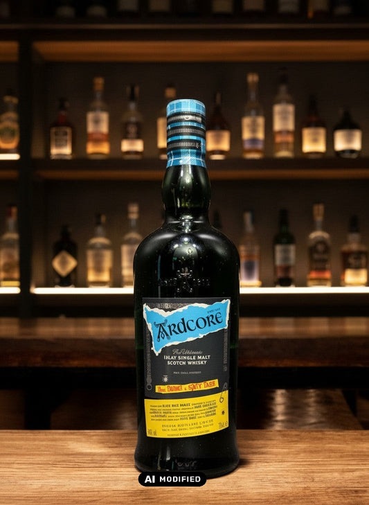 Whiskyquartier Ardbeg Ardcore Islay Single Malt Scotch Whisky 0.7L, dunkle Flasche mit blau-schwarzem Etikett und kariertem Verschluss.