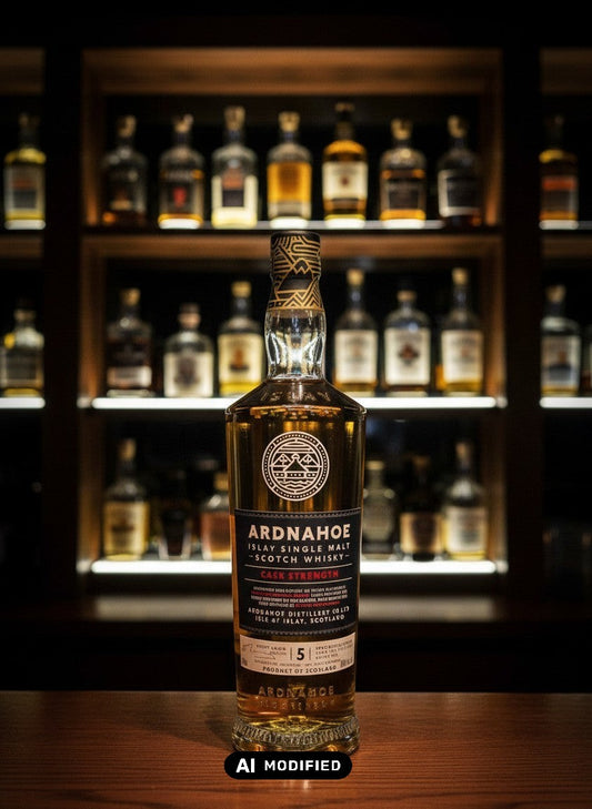 Ardnahoe 5 Jahre Cask Strength Batch #1 Islay Single Malt Whisky in einer Glasflasche, gelagert in Fässern.