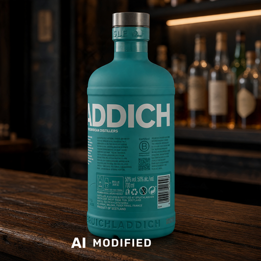 Rückseite der hellblauen Bruichladdich The Classic Laddie Whiskyflasche auf einem Holztisch in einer Bar.