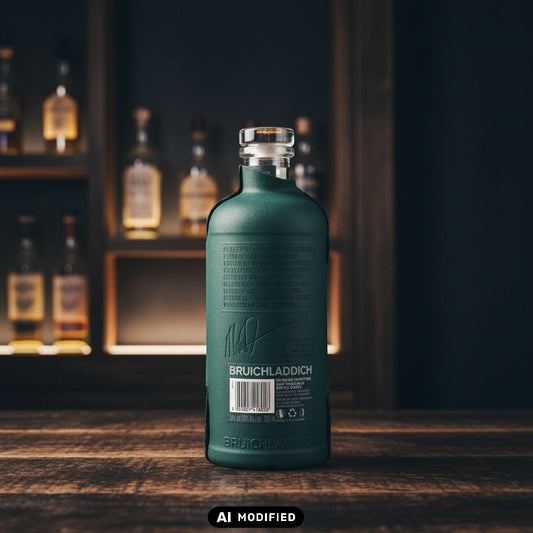 Whiskyquartier Bruichladdich Laddie 21 Redefine Flasche in grüner Schutzhülle auf einem Holztisch vor einem Barregal