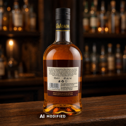 Rückseite der GlenAllachie 11 Jahre Premier Cru Classé Whiskyflasche mit Etikett auf einem Holztresen