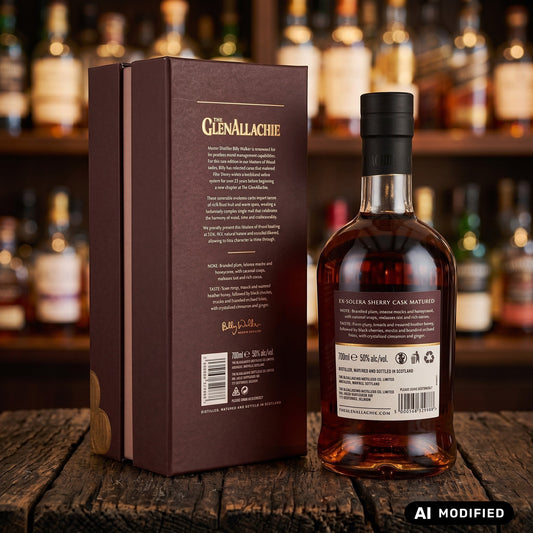 Whiskyquartier GlenAllachie 19 Jahre Ex-Solera Sherry Cask Whiskyflasche mit Geschenkverpackung auf Holztisch