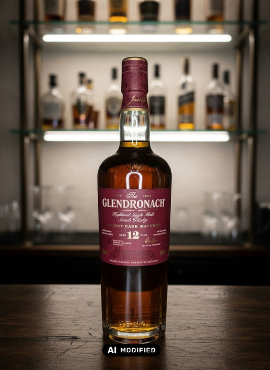 Whiskyquartier GlenDronach 12 Jahre Single Malt Scotch Whisky in Sherry Cask Matured, 0,7L Flasche auf Holztisch
