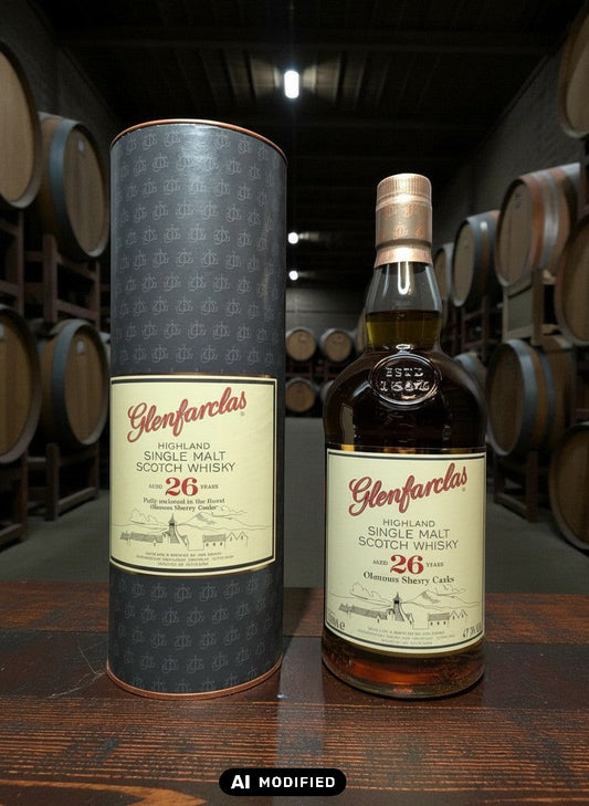 Glenfarclas 26 Jahre Oloroso Sherry Cask Single Malt Scotch Whisky in Geschenkbox. Dunkelbraune Flasche mit hellem Etikett.