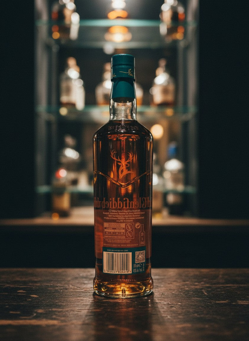 Whiskyquartier Glenfiddich 16 Jahre Aston Martin F1 Edition 0.7L, bernsteinfarbener Single Malt Scotch Whisky in klarer Flasche mit blauem Etikett und Verschluss.