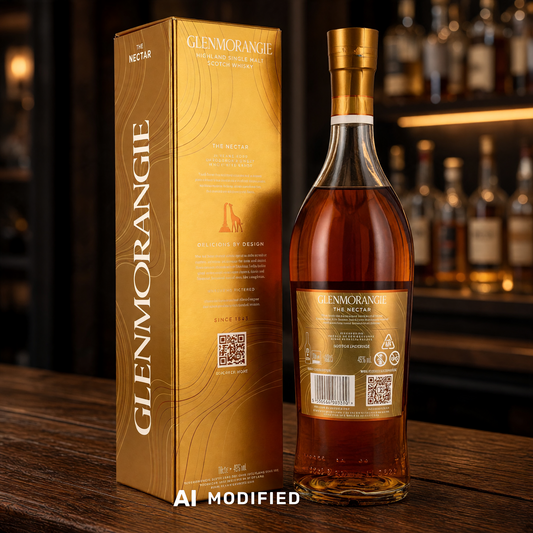 Glenmorangie The Nectar 16 Jahre Single Malt Whisky Flasche mit goldener Geschenkverpackung auf einem Tresen