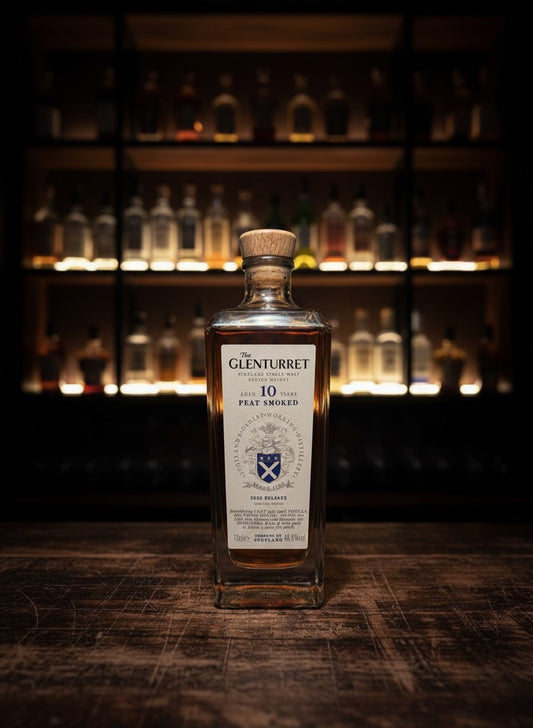 Glenturret 10 Years Peat Smoked 2025 Highland Single Malt Scotch Whisky in einer Glasflasche mit Holzkorken.
