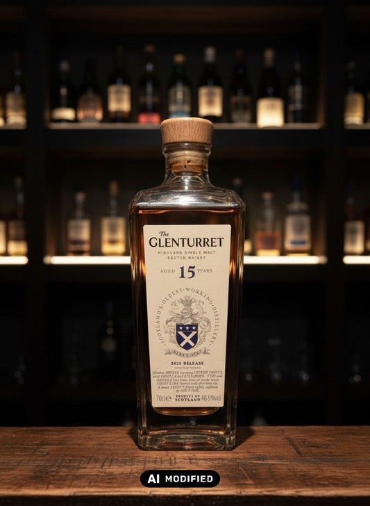 Glenturret 15 Years 2025 Highland Single Malt Scotch Whisky in Glasflasche mit Holzkorken. Terracotta-Bernstein Farbe.