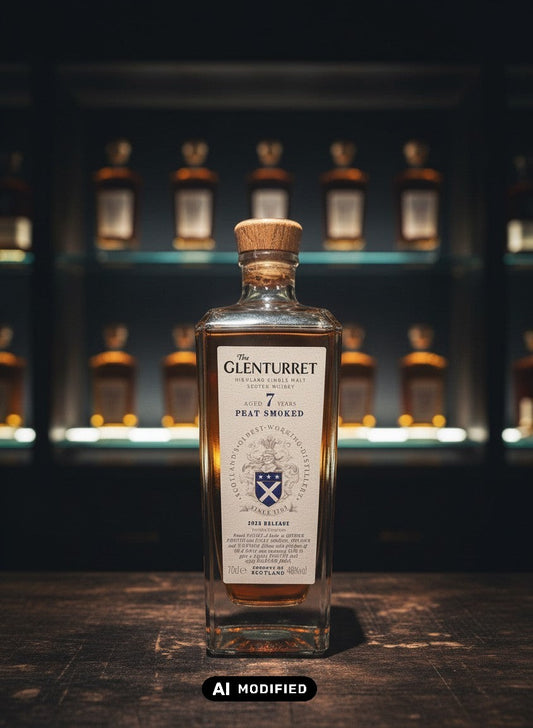 Glenturret 7 Years Peat Smoked 2025 Highland Single Malt Scotch Whisky in einer Glasflasche mit Holzkorken.