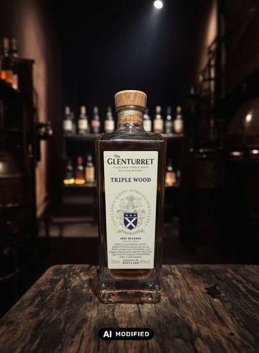 Glenturret Triple Wood 2025 Highland Single Malt Scotch Whisky in einer Glasflasche mit Holzkorken. Whiskyquartier.