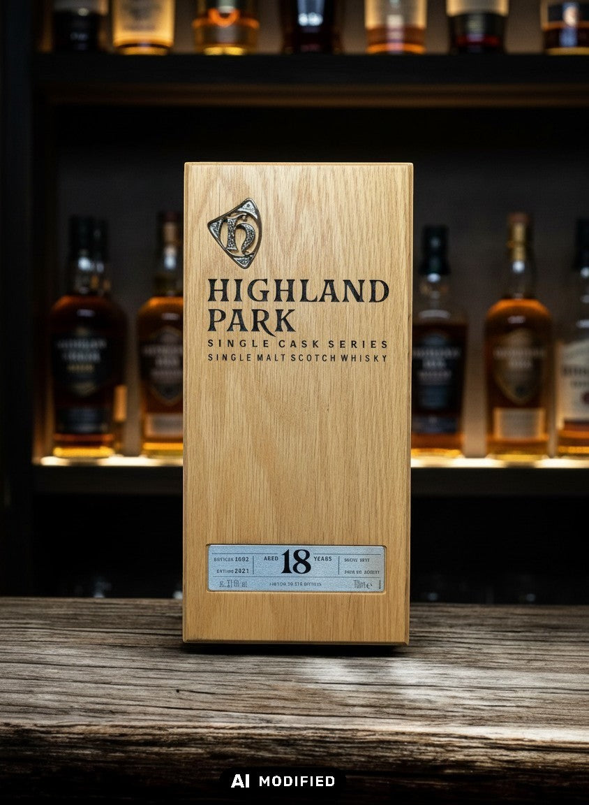Whiskyquartier Highland Park 18 Jahre Single Cask Scotch Whisky in Holzkiste, 0,7L, Fassstärke, limitiert auf 515 Flaschen.