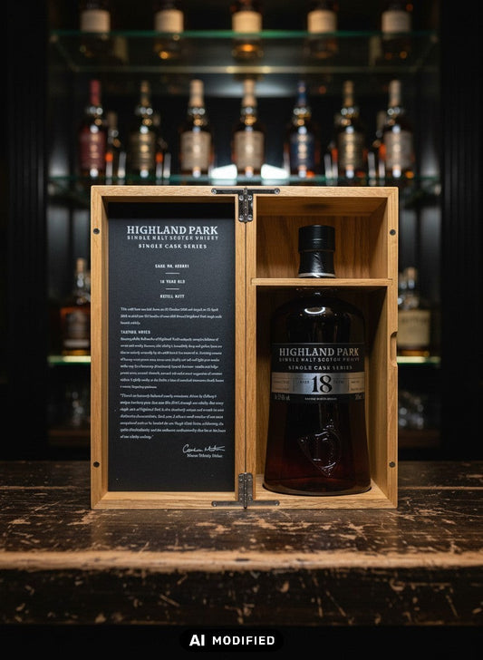 Highland Park 18 Jahre Single Malt Scotch Whisky Single Cask Series in Holzkiste, 0,7L, Fassstärke, limitiert auf 515 Flaschen.