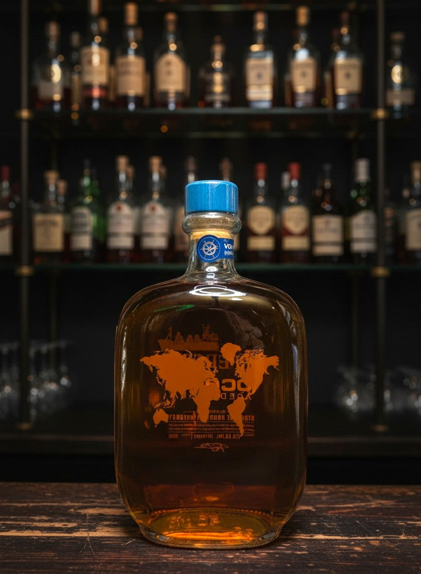Whiskyquartier Jefferson's Ocean Aged at Sea Bourbon 0,7L Flasche mit Weltkarte und blauem Verschluss, umgeben von Fässern.
