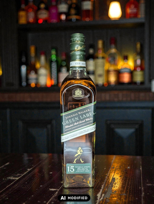 Johnnie Walker Green Label Blended Malt Scotch Whisky, 15 Jahre alt, 0,7L Flasche mit grünem Etikett und dem Johnnie Walker Geh-Logo.