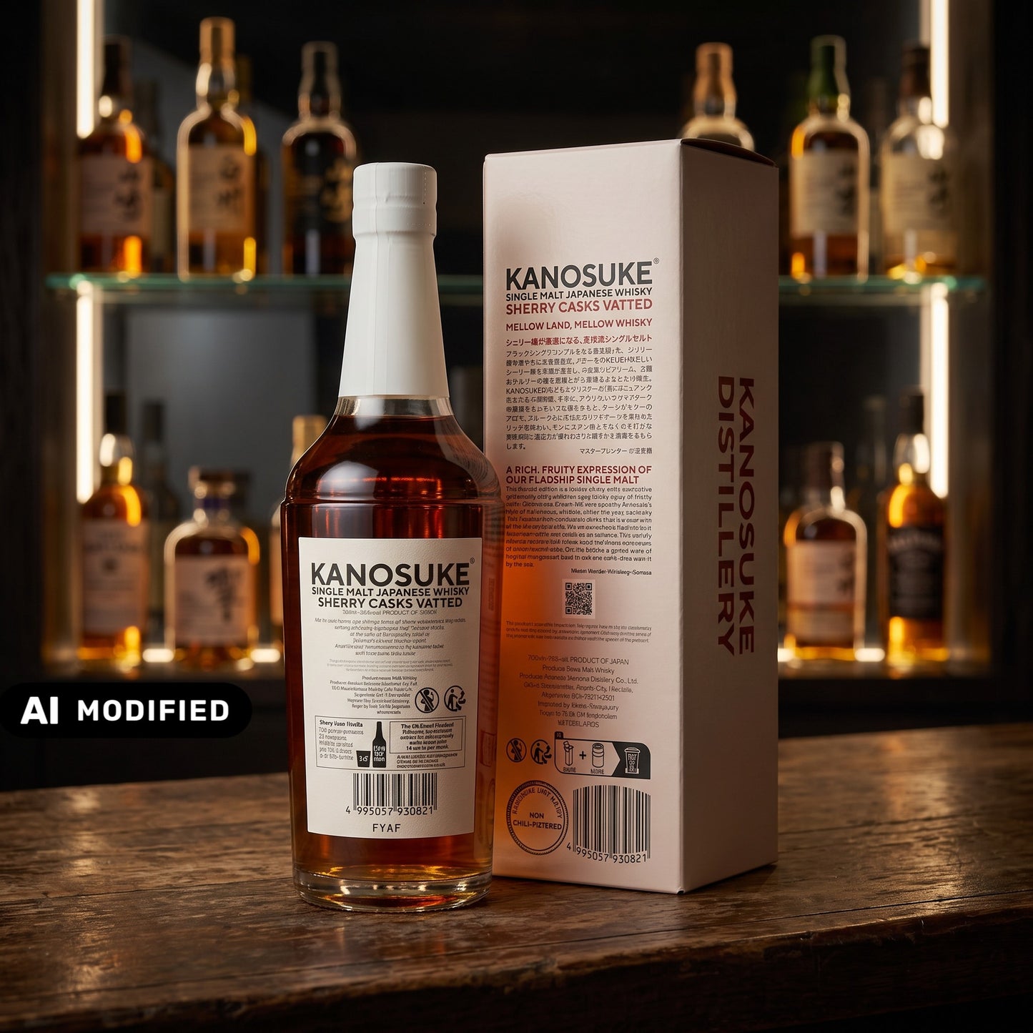 Whiskyquartier Kanosuke Sherry Casks Vatted Japanese Single Malt Whisky Flasche mit beiger Verpackung auf Theke