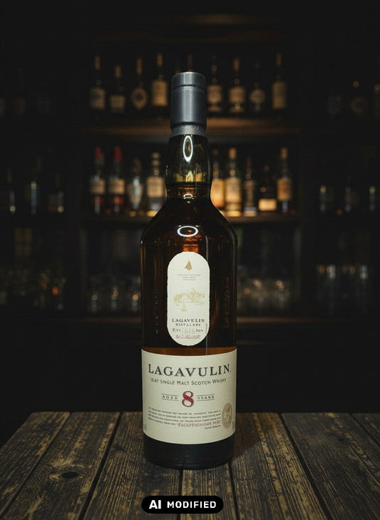 Whiskyquartier: Flasche Lagavulin 8 Years Old Islay Single Malt Scotch Whisky, 0,7L, 48% Vol. auf Holztisch