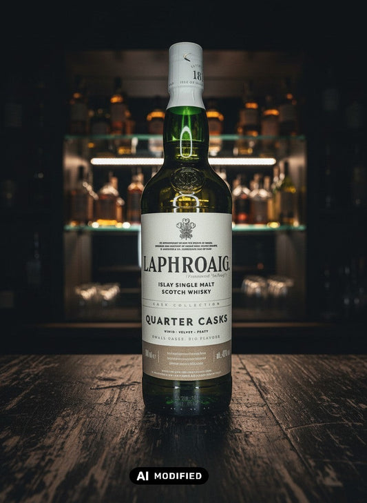 Whiskyquartier Laphroaig Quarter Cask Islay Single Malt Scotch Whisky 0,7L in grüner Flasche, doppelt gereift in kleinen Fässern.