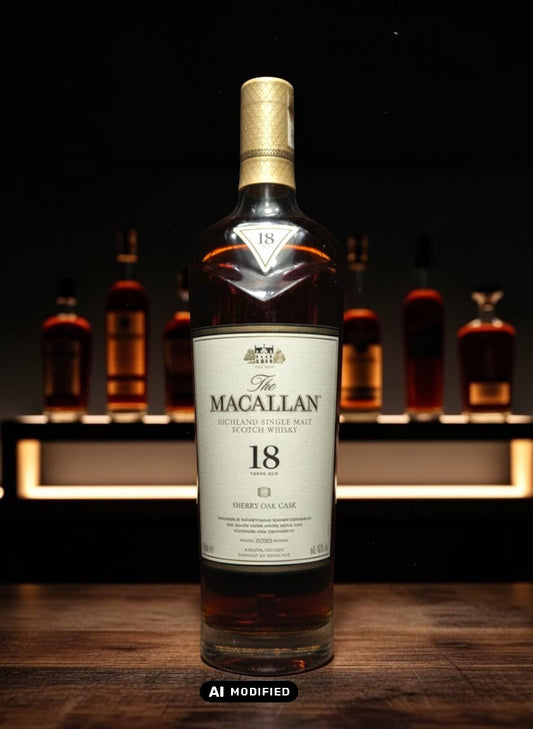 Macallan 18 Years Sherry Oak Cask 2023 Release Single Malt Scotch Whisky in einer Glasflasche mit hellem Mahagonifarbton.