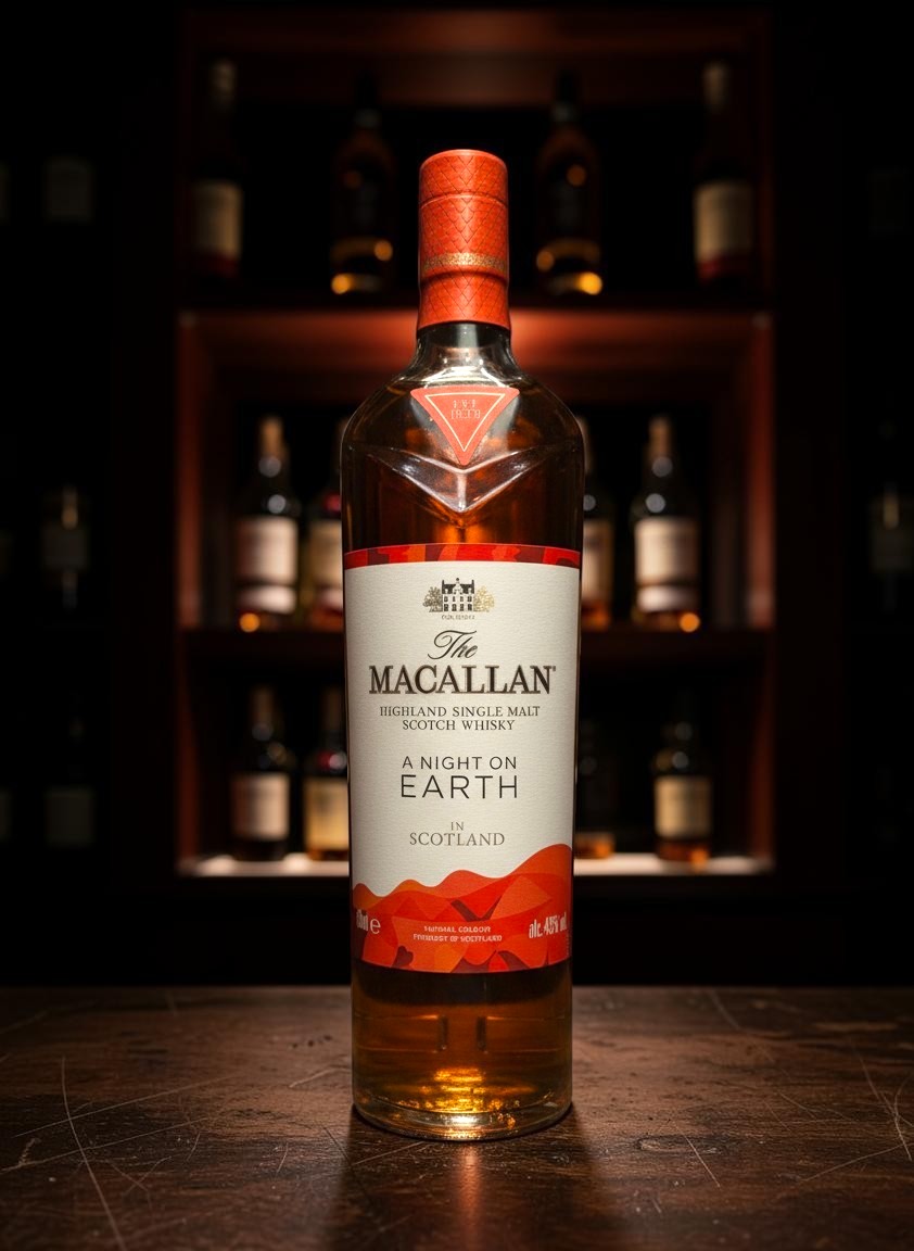 The Macallan A Night on Earth in Scotland 2022 Single Malt Scotch Whisky, 0,7L, 43% Vol. mit rotem Etikett und Deckel.