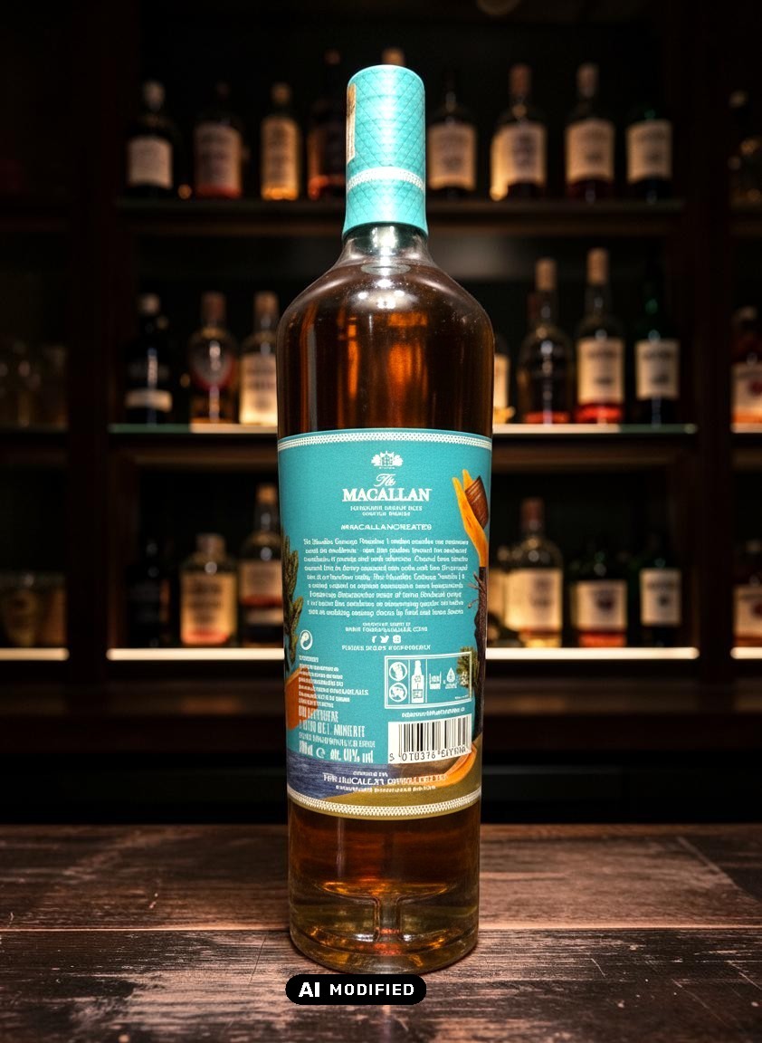 Macallan Concept No. 1 Single Malt Scotch Whisky 0,7L in einer Flasche mit türkisfarbenem Etikett und Verschluss.