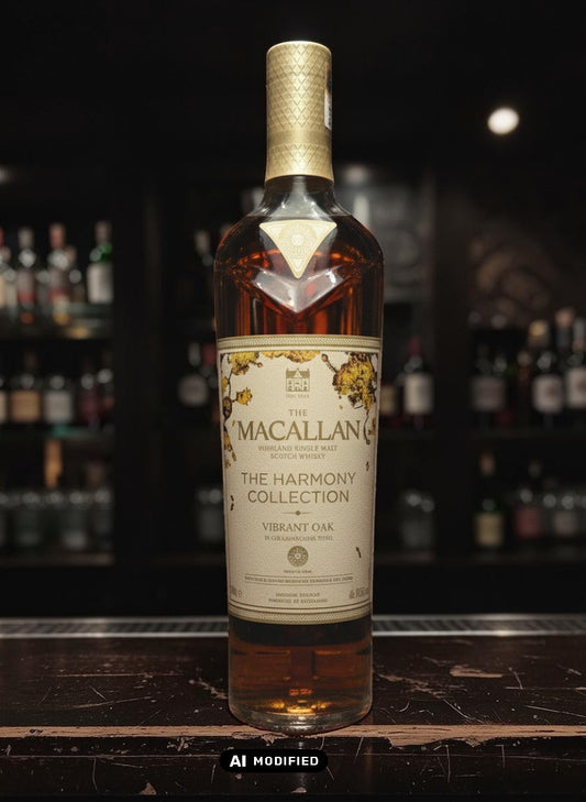 Macallan Harmony Collection Vibrant Oak Single Malt Scotch Whisky in 0,7L Flasche mit goldenem Etikett und Verschluss.