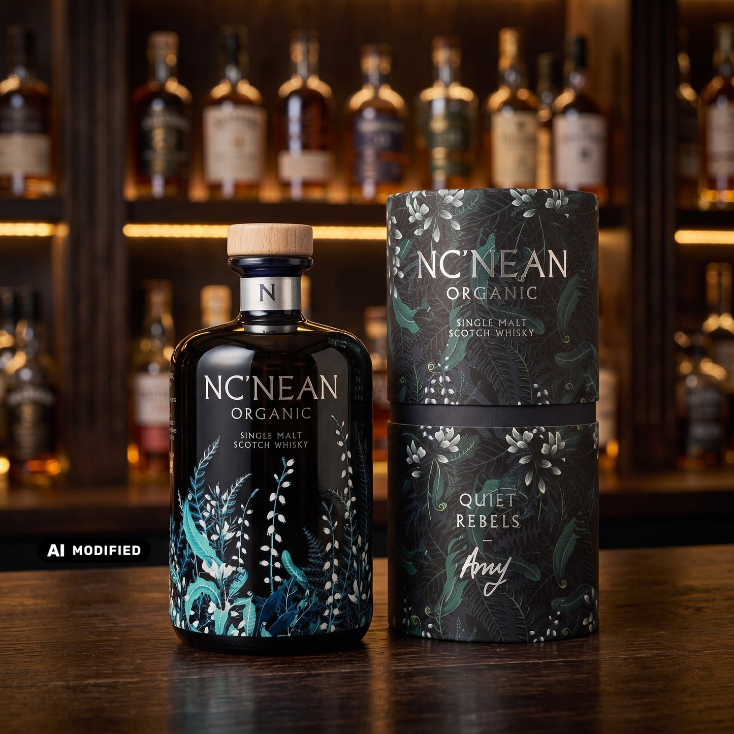 Whiskyquartier Nc'Nean Quiet Rebels Amy Bio Single Malt Whisky in dunkler Flasche mit botanischem Design und Tube