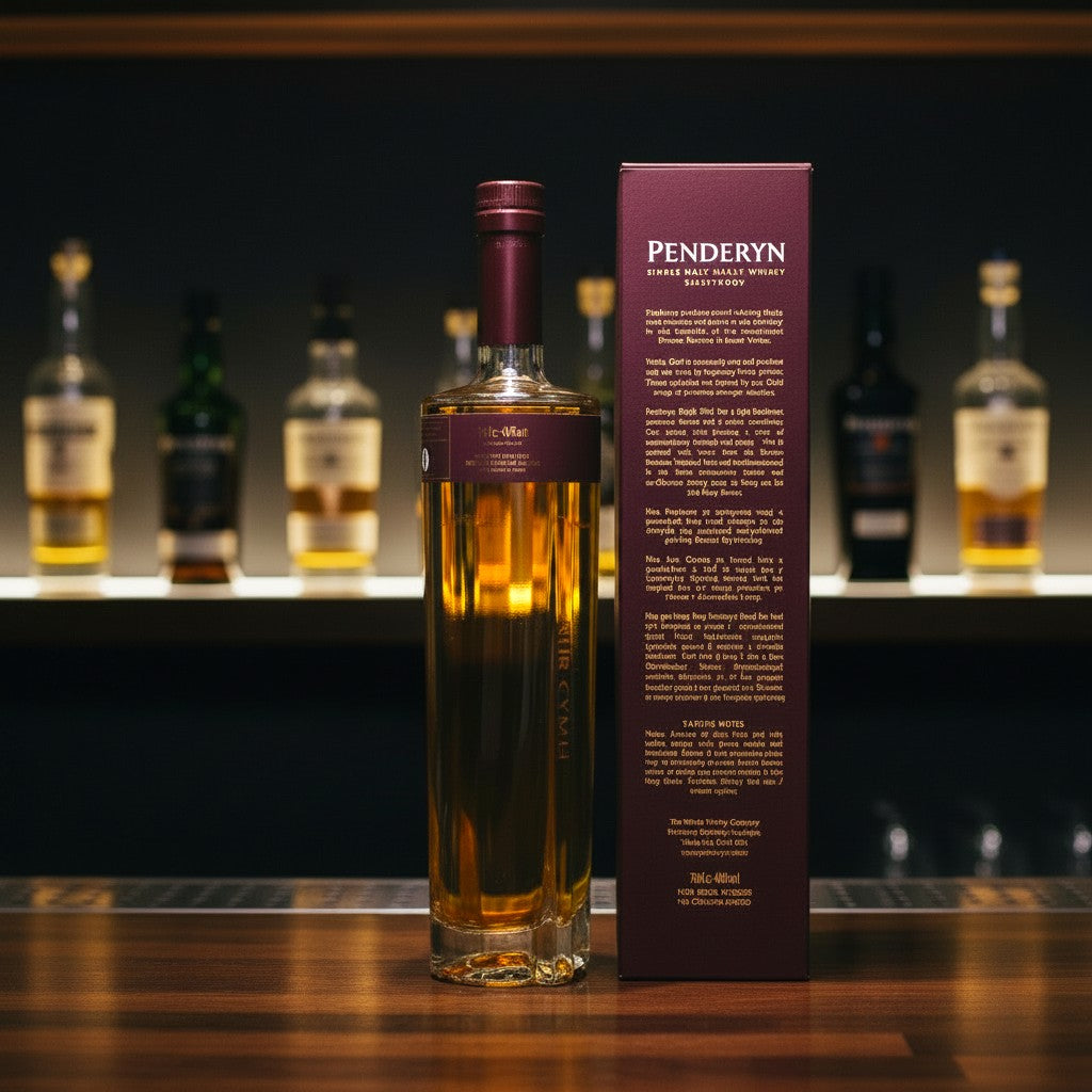 Penderyn Sherrywood Single Malt Welsh Whisky 0,7L in einer schlanken Flasche mit dunkelrotem Etikett und passender Geschenkverpackung.