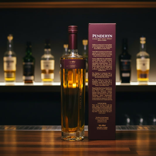 Penderyn Sherrywood Single Malt Welsh Whisky 0,7L in einer schlanken Flasche mit dunkelrotem Etikett und passender Geschenkverpackung.