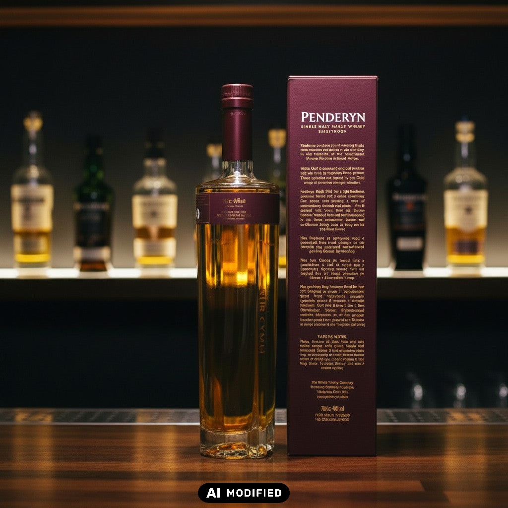 Penderyn Sherrywood Single Malt Welsh Whisky 0,7L in einer schlanken Flasche mit dunkelrotem Etikett und passender Geschenkverpackung.