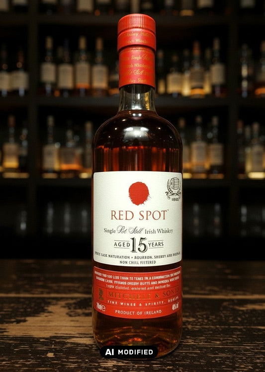 Whiskyquartier Red Spot 15 Jahre Single Pot Still Irish Whiskey in Glasflasche mit rotem Etikett und rotem Verschluss.