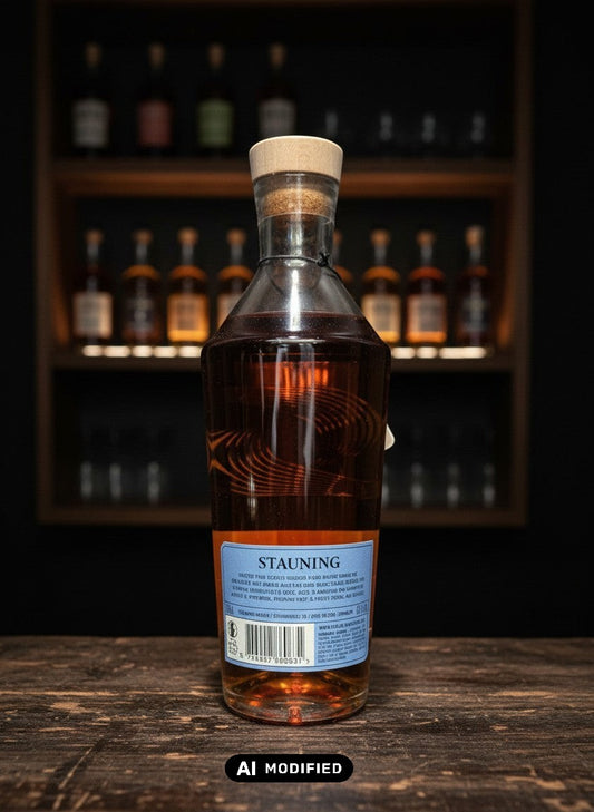 Whiskyquartier Stauning HØST 20th Anniversary Edition 0.7L Flasche mit bernsteinfarbener Flüssigkeit und nordischem Design.