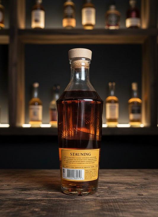 Whiskyquartier Stauning RYE 20th Anniversary Edition 0.7L Flasche mit skandinavischem Design, bernsteinfarbenem Inhalt und Holzkorken.