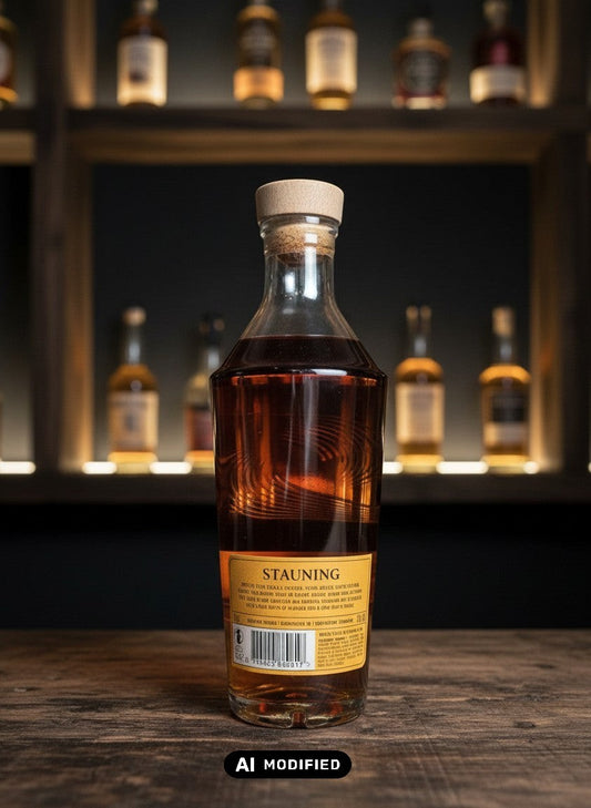 Whiskyquartier Stauning RYE 20th Anniversary Edition 0.7L Flasche mit skandinavischem Design, bernsteinfarbenem Inhalt und Holzkorken.
