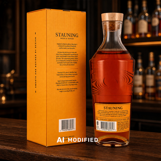 Stauning Rye 20th Anniversary Edition Whisky in einer eleganten gelben Box mit skandinavischem Design
