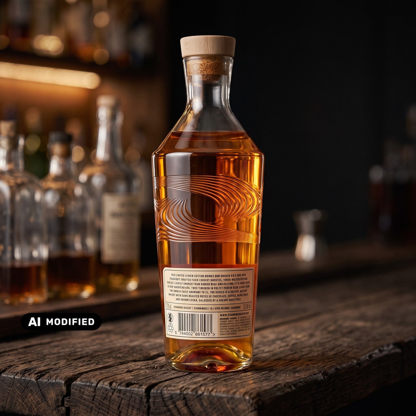 Whiskyquartier Stauning Smoked R.Y.E. Porter Beer Cask Whisky Flasche mit bernsteinfarbenem Inhalt auf Holztisch