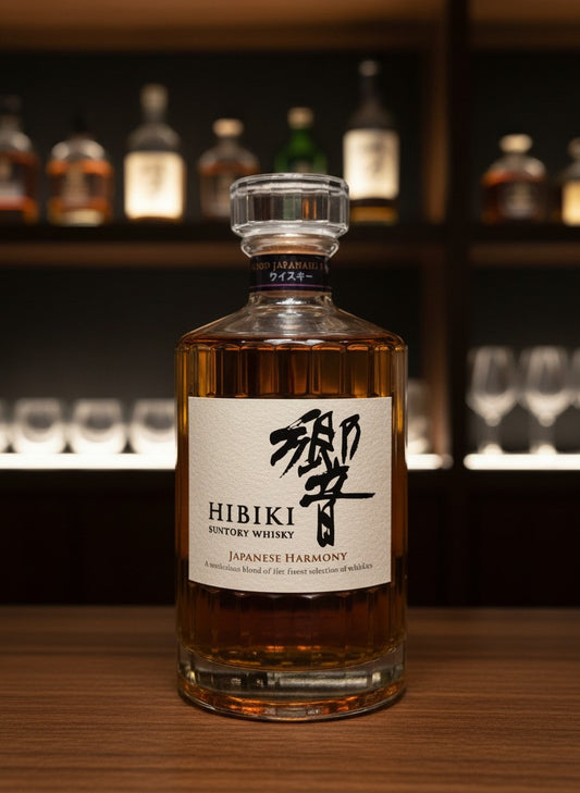 Suntory Hibiki Harmony japanischer Whisky in 0,7L Flasche mit 24 Facetten, goldfarben, auf Holztisch