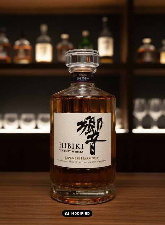 Suntory Hibiki Harmony japanischer Whisky in 0,7L Flasche mit 24 Facetten, goldfarben, auf Holztisch
