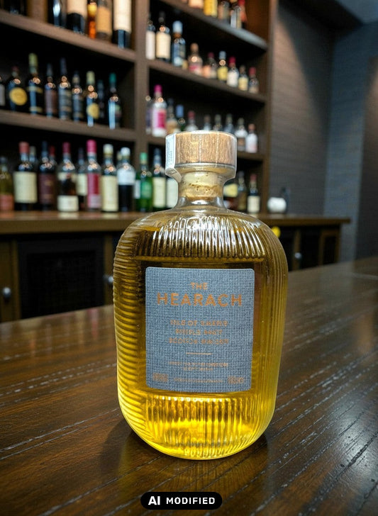 Whiskyquartier The Hearach Isle of Harris Single Malt 0.7L in gerippter Glasflasche mit grauem Etikett, gereift in Eichen- und Sherryfässern.