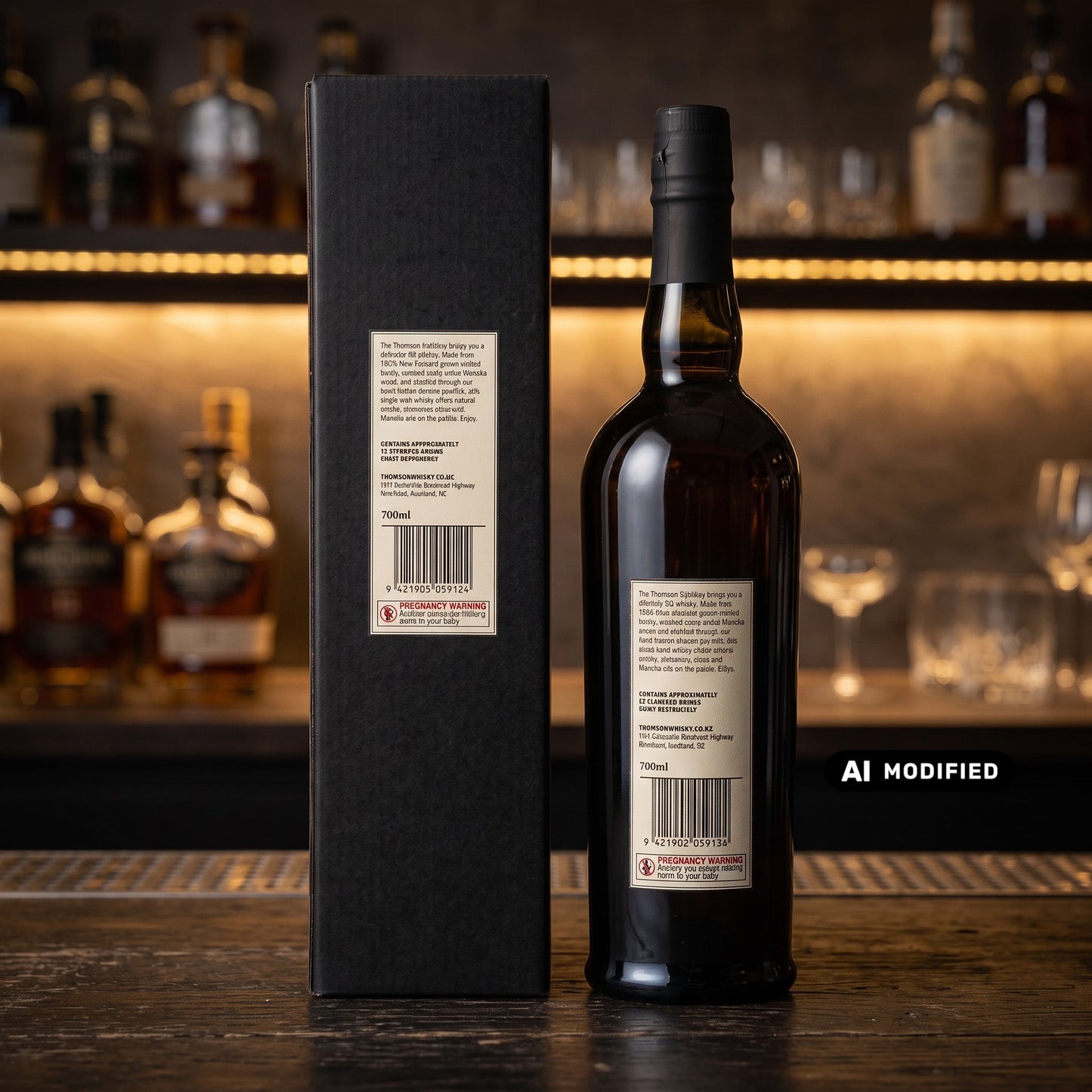 Whiskyquartier Thomson Manuka Smoke Single Malt Whisky Flasche und schwarze Geschenkverpackung auf einer Bar