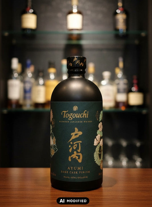 Whiskyquartier Togouchi Ayumi Sake Cask Finish japanischer Whisky 0,7L in dunkler Flasche mit türkisfarbenem Etikett und goldenen Schriftzeichen.