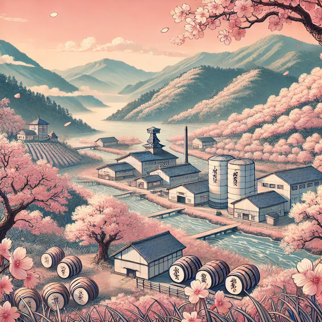 Panoramabild der aufstrebenden asiatischen Whiskyregion mit modernen Brennereianlagen umgeben von üppigen Feldern, sanften Hügeln und in einigen Gebieten traditionellen asiatischen Architekturelementen, die die Fusion von Innovation und Tradition in der Whiskyherstellung symbolisieren.