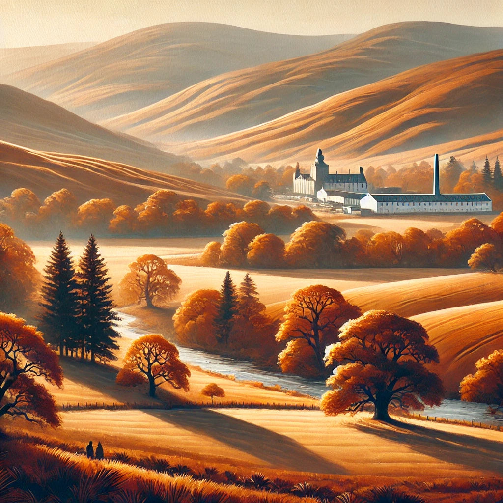 Bild der sanften und flachen Landschaft der schottischen Lowlands, gekennzeichnet durch weitläufige Felder und landwirtschaftliche Flächen mit vereinzelten, eleganten Whiskybrennereien, die sich an ruhige Flüsse und kleine Wälder schmiegen, unter einem weichen, oft bewölkten Himmel.