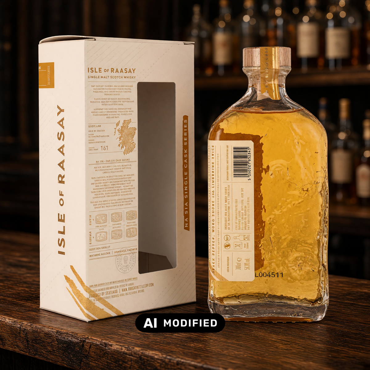 Whiskyquartier Isle of Raasay 7 Jahre Single Malt Whisky in Flasche mit Geschenkverpackung auf einem Holztisch