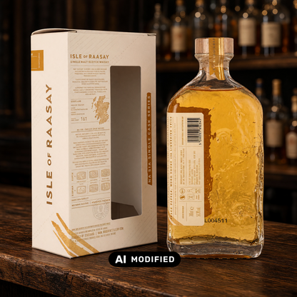 Whiskyquartier Isle of Raasay 7 Jahre Single Malt Whisky in Flasche mit Geschenkverpackung auf einem Holztisch