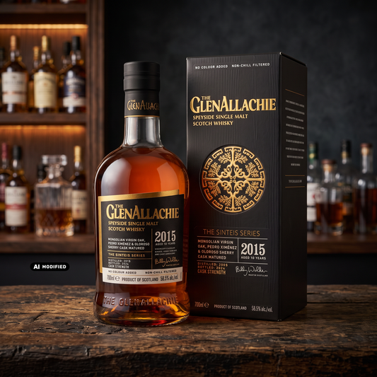 Whiskyquartier GlenAllachie The Sinteis Series IV 10 Jahre Single Malt Whisky mit Geschenkverpackung auf Holztisch